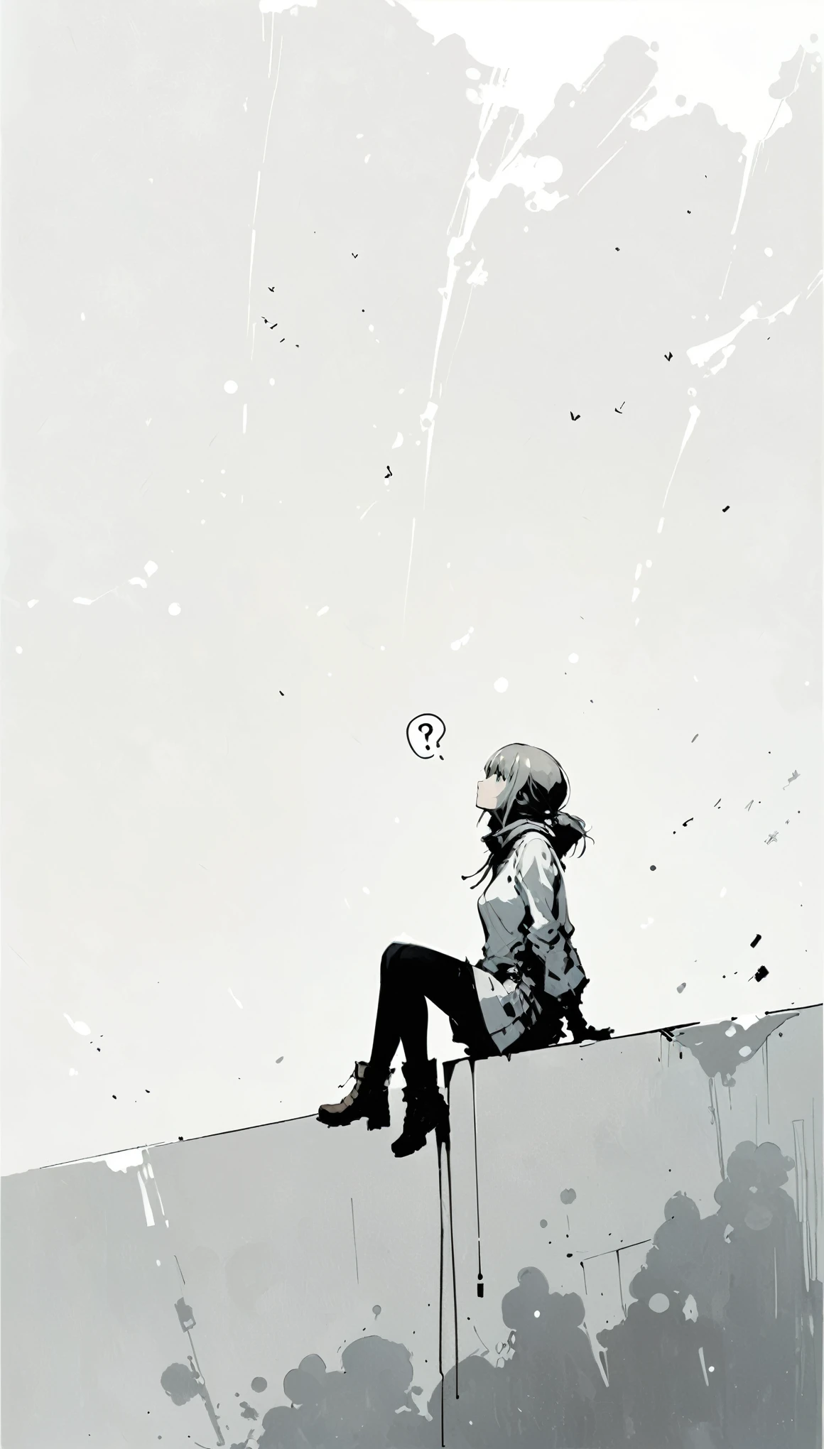 (in style of Ashley Wood:1.1),
1girl,knees apart feet together,?,large areas of white space,grey_background,minimalist background,sitting,at the bottom of the screen,(looking up side:1.5),from the side,comic,