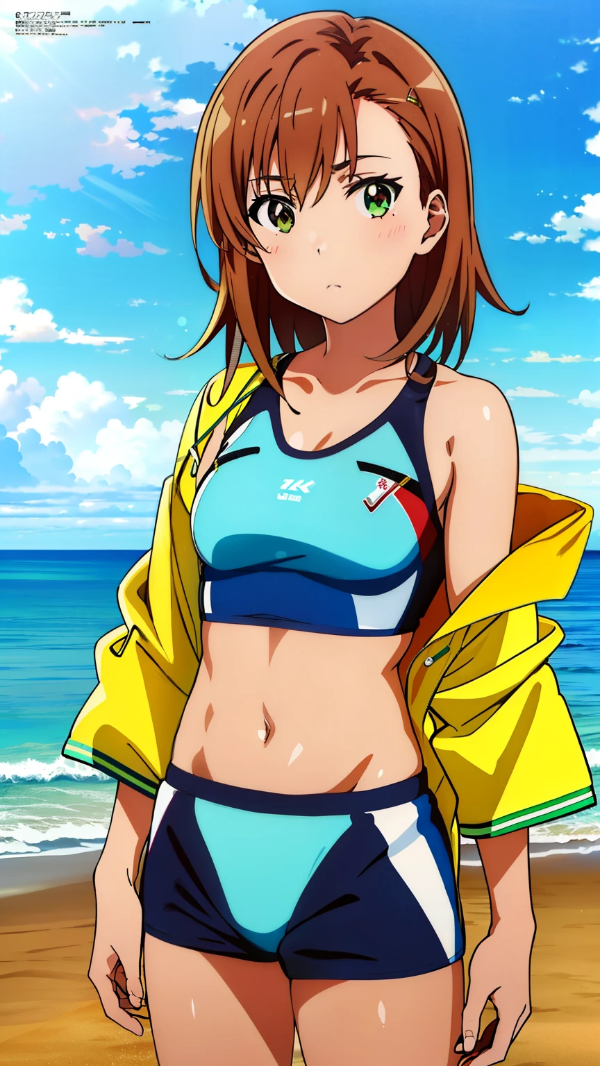 (masterpiece, best quality, 8k:1.2),Very detailed, (anime:1.1), misaka_mikoto, brown hair, medium hair, hairpin, 16 years old, medium breasts, 1girl, (Rash Guard,green put on a midriff jacket, beach), Cowboy shot, looking at viewer,