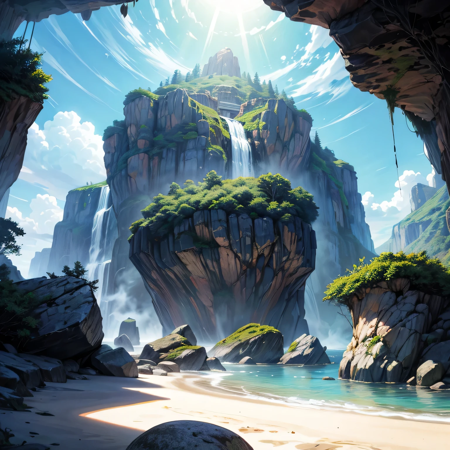 A highly detailed and realistic illustration of a surreal, fantastical deserted island landscape inspired by the adventure science fiction novel "The Mysterious Island" by Jules Verne, cinematic lighting, dramatic composition, lush tropical foliage, rugged cliffs, mysterious caves, pristine beaches, lagoons and waterfalls, vibrant colors, photorealistic rendering, 8k, best quality