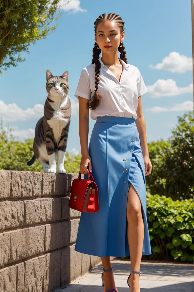 Girl with braids, Brown hair, Brown eyes, sky blue top, sky blue skirt, sky blue bag, sky blue heels and her gray cat, white skin and red lips