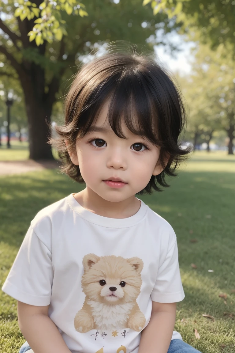 1 a , boy,, white,blackquality hair,flushed cheeks and lips,honey colored eyes, fluffly, in park