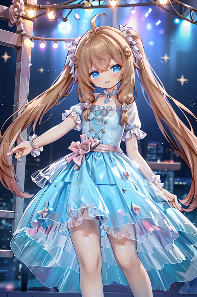 Solo girl, comical, kawaii, Blue eyes, light brown hair, high long twintails, (yellow idol dress 1.5), (blue princess dress 1.5), open mouth smile, from below, looking somewhere, neon and led lights, posing, sexy, high-resolution image, masterpiece, high quality, attractive eyes