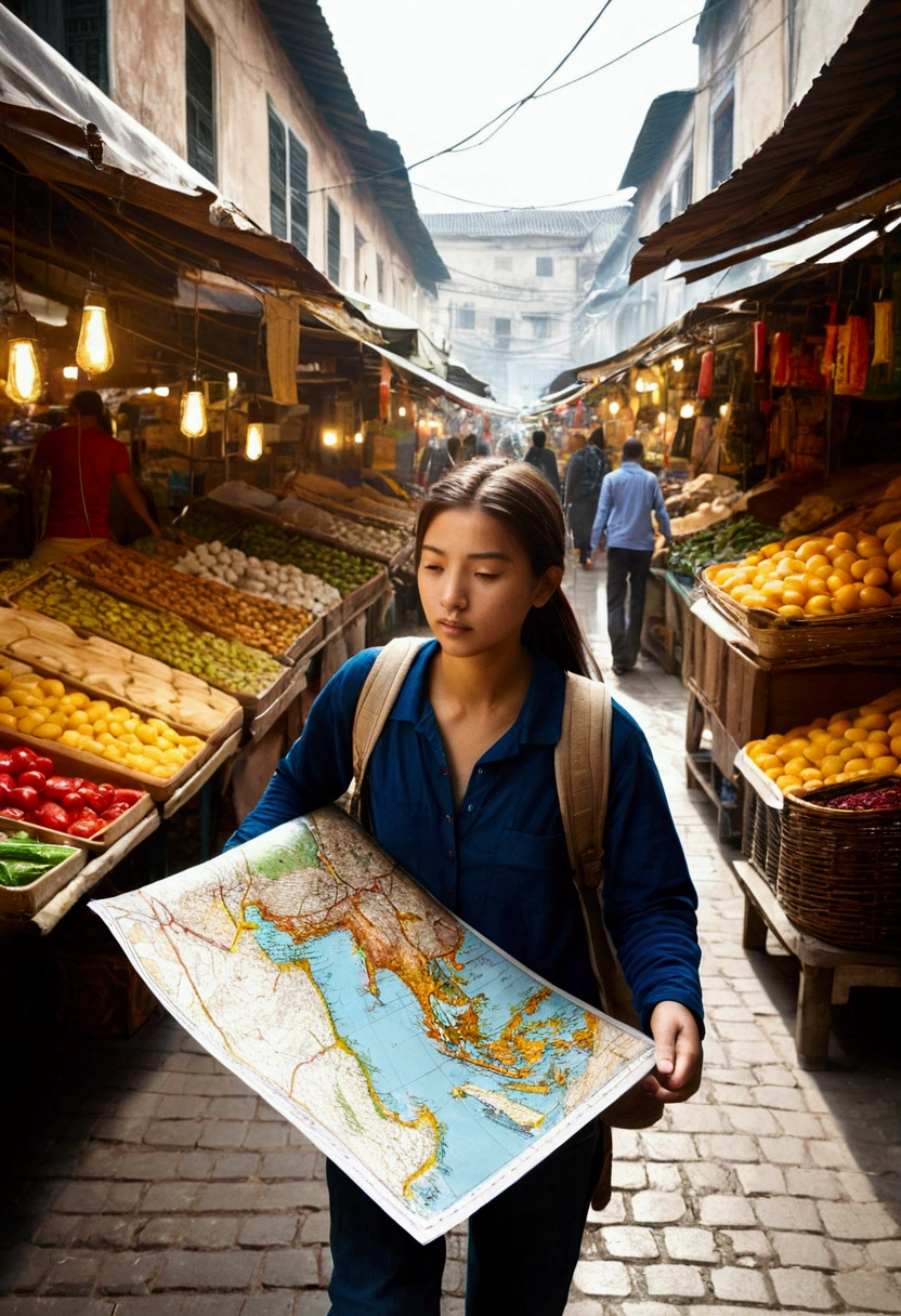 A girl walking through a market with a map