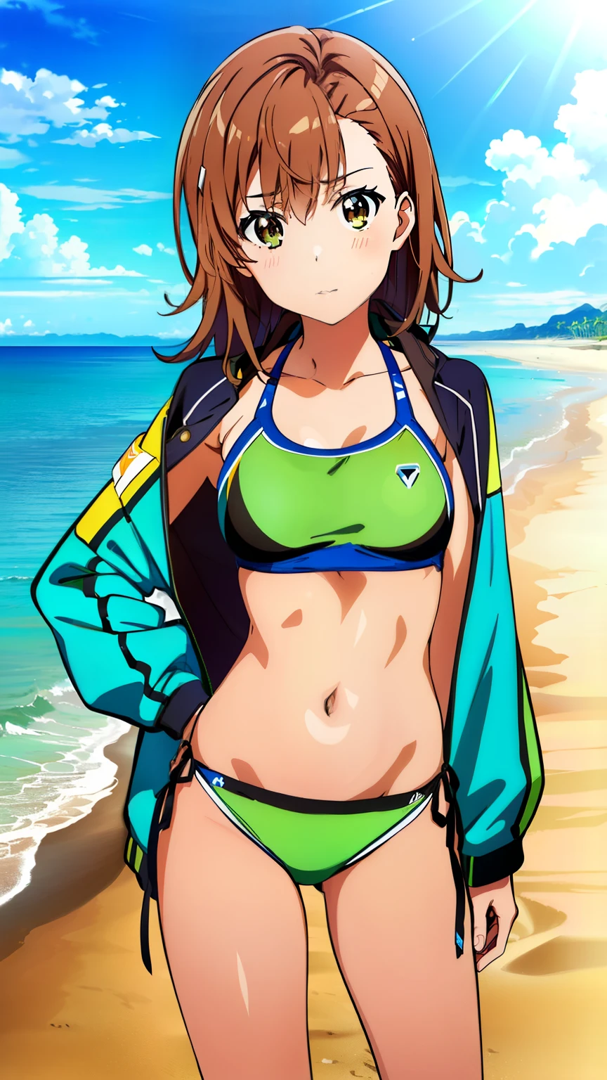 (masterpiece, best quality, 8k:1.2),Very detailed, (anime:1.1), misaka_mikoto, brown hair, medium hair, hairpin, , medium breasts, 1girl, (Rash Guard,green put on a midriff jacket, Swimsuits, bikinis, beach), Cowboy shot, looking at viewer,