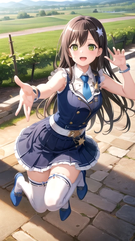 ((masterpiece)), (best quality), official art, extremely detailed CG, unity 8k wallpaper, ultra detailed, highly detailed, detailed background, vivid color,
1girl, tae,black hair,long hair,green eyes, 
skirt, shirt, thighhighs, bow, white shirt, pleated skirt, frills, necktie, sleeveless, collared shirt, belt, miniskirt, star symbol, bracelet, blue skirt, zettai ryouiki, sleeveless shirt, blue bow, blue footwear,  
Leaping with one hand reaching up, vineyard, sprawling countryside, terraced slopes, winery, 
 