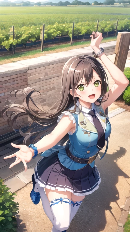 ((masterpiece)), (best quality), official art, extremely detailed CG, unity 8k wallpaper, ultra detailed, highly detailed, detailed background, vivid color,
1girl, tae,black hair,long hair,green eyes, 
skirt, shirt, thighhighs, bow, white shirt, pleated skirt, frills, necktie, sleeveless, collared shirt, belt, miniskirt, star symbol, bracelet, blue skirt, zettai ryouiki, sleeveless shirt, blue bow, blue footwear,  
Leaping with one hand reaching up, vineyard, sprawling countryside, terraced slopes, winery, 
 