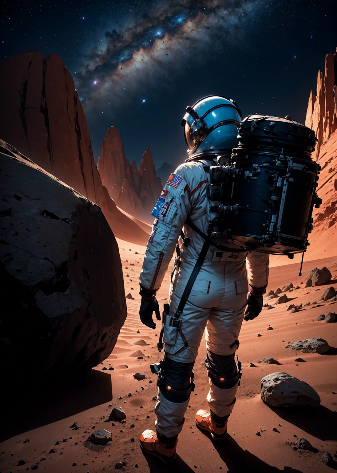 An astronaut walking on Mars at night, with an environment filled with rocks, stones, mountains, and peaks. The scene is viewed from behind the astronaut, so the viewer sees the astronaut from the back. The Martian sky is dark with stars visible, and the landscape is illuminated by the astronaut's suit lights.