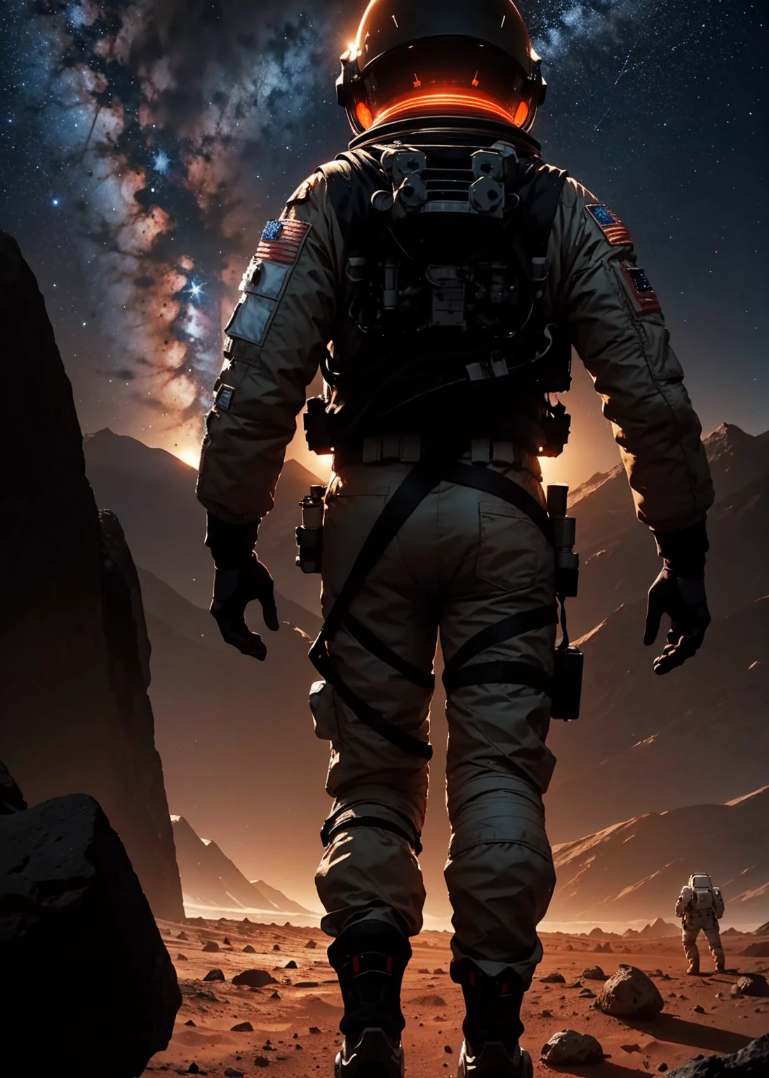 An astronaut walking on Mars at night, with an environment filled with rocks, stones, mountains, and peaks. The scene is viewed from behind the astronaut, so the viewer sees the astronaut from the back. The Martian sky is dark with stars visible, and the landscape is illuminated by the astronaut's suit lights.