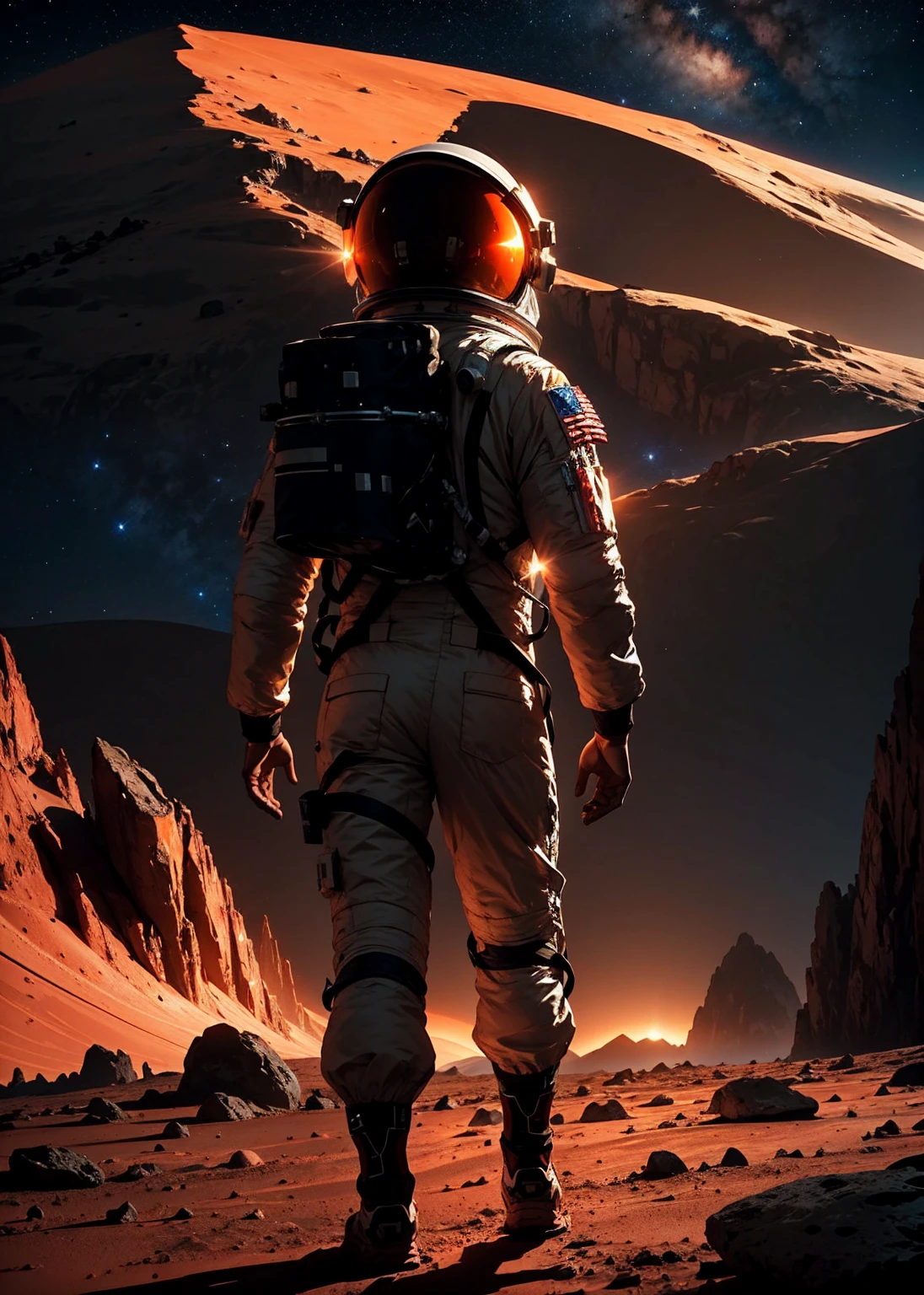 An astronaut walking on Mars at night, with an environment filled with rocks, stones, mountains, and peaks. The scene is viewed from behind the astronaut, so the viewer sees the astronaut from the back. The Martian sky is dark with stars visible, and the landscape is illuminated by the astronaut's suit lights.