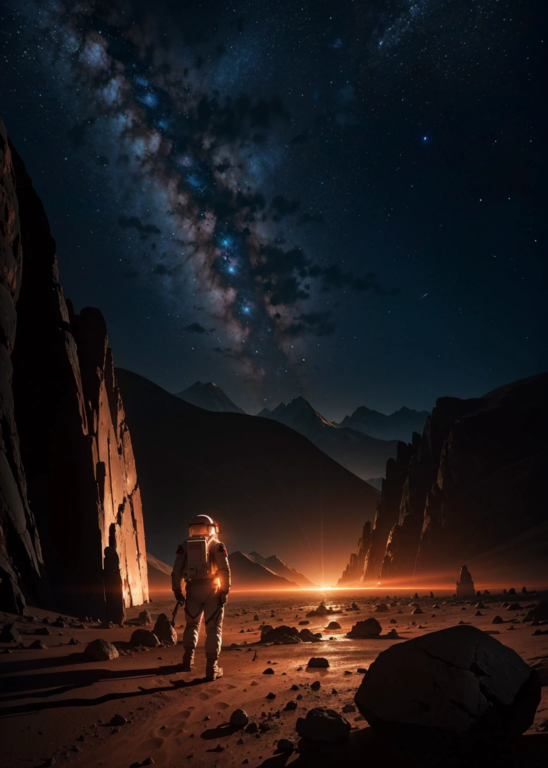 An astronaut walking on Mars at night, with an environment filled with rocks, stones, mountains, and peaks. The scene is viewed from behind the astronaut, so the viewer sees the astronaut from the back. The Martian sky is dark with stars visible, and the landscape is illuminated by the astronaut's suit lights.