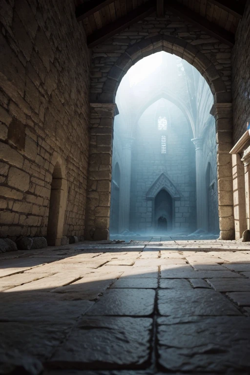 medieval fantasy, a white room without windows, walls without windows, stone walls, on the wall there are torches that provide lighting, The lighting is poor, the ground is made of white mist, the fog seems to form square floors, In the ground there is a piece of wood buried halfway.