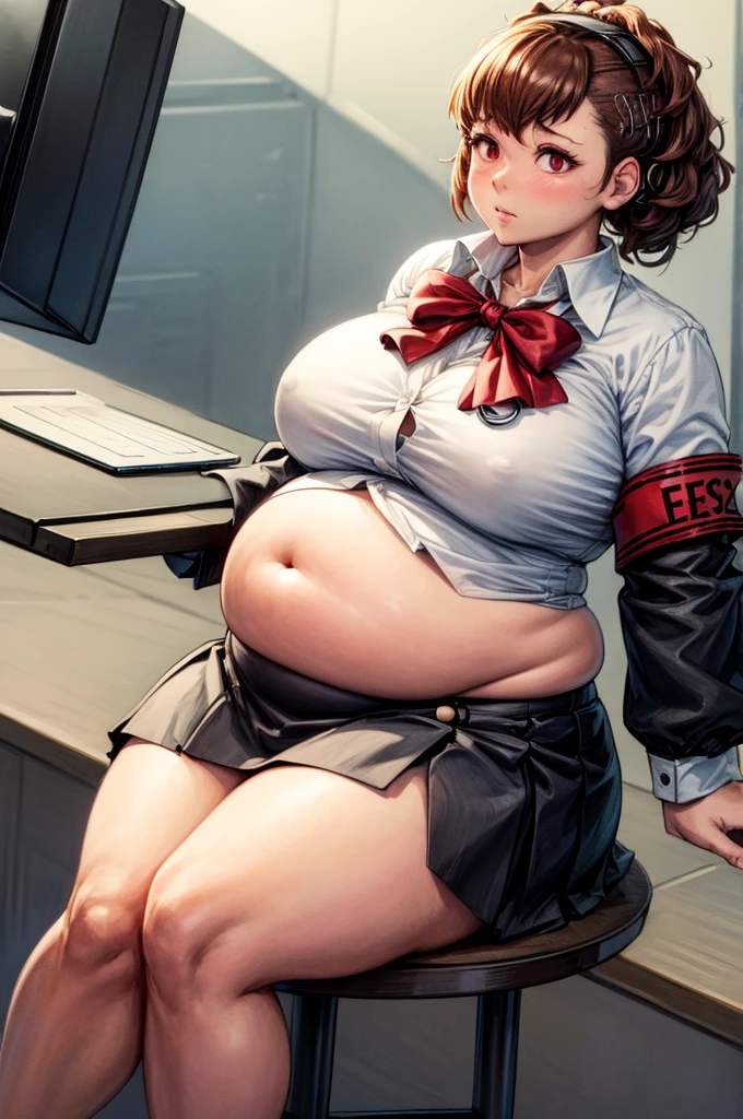 (masterpiece, best quality, highres, absurdres), 1girl, big belly, chubby arms, thighs, art by kipteitei, uniform, brown hair, black knee high skirt, white button up shirt, bow, armband, digital media player, headphones, chubby, embarrassed, flushed, sitting down with legs together, poking belly, shirt buttons popping
