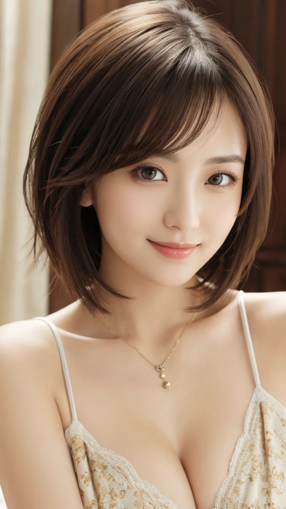 masterpiece、Highest quality、High resolution、Tabletop、wallpaper、Realistic、Bright lighting、Professional Lighting、Face Light、Smooth lighting、Japanese women、Adult、Beautiful woman、action、gravure、sexy、so beautiful、Beautiful Skin、Beautiful and detailed、Detailed face、slim、moderately、short hair、Brunette Hair、Brown eyes、Looking into the camera、smile、Cleavage