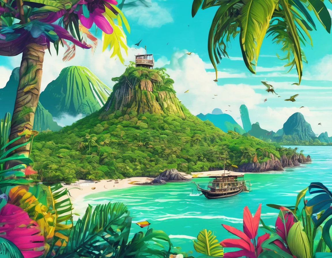 (Mysterious Island:2.0)、Tropical sandy beaches、Lush mangrove forest、animal、Detailed marker outline, cute, Art Brut Style, Dynamic pose, whimsical expression, Bright and vibrant colors, Dynamic Lighting, Digital Painting, masterpiece, (Highest quality,4K,8k,High resolution,masterpiece:1.2),Very detailed,(Realistic,photoRealistic,photo-Realistic:1.37)