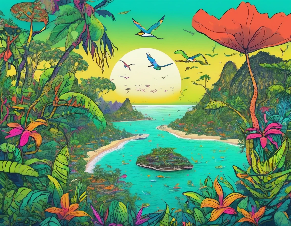 (Mysterious Island:2.0)、Tropical sandy beaches、Lush mangrove forest、animal、Detailed marker outline, cute, Art Brut Style, Dynamic pose, whimsical expression, Bright and vibrant colors, Dynamic Lighting, Digital Painting, masterpiece, (Highest quality,4K,8k,High resolution,masterpiece:1.2),Very detailed,(Realistic,photoRealistic,photo-Realistic:1.37)