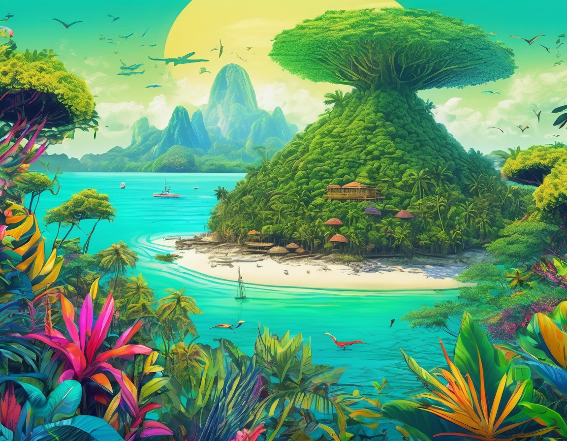 (Mysterious Island:2.0)、Tropical sandy beaches、Lush mangrove forest、A lot of beautiful women、smile、laughter、, Detailed marker outline, cute, Art Brut Style, Dynamic pose, whimsical expression, Bright and vibrant colors, Dynamic Lighting, Digital Painting, masterpiece, (Highest quality,4K,8k,High resolution,masterpiece:1.2),Very detailed,(Realistic,photoRealistic,photo-Realistic:1.37)