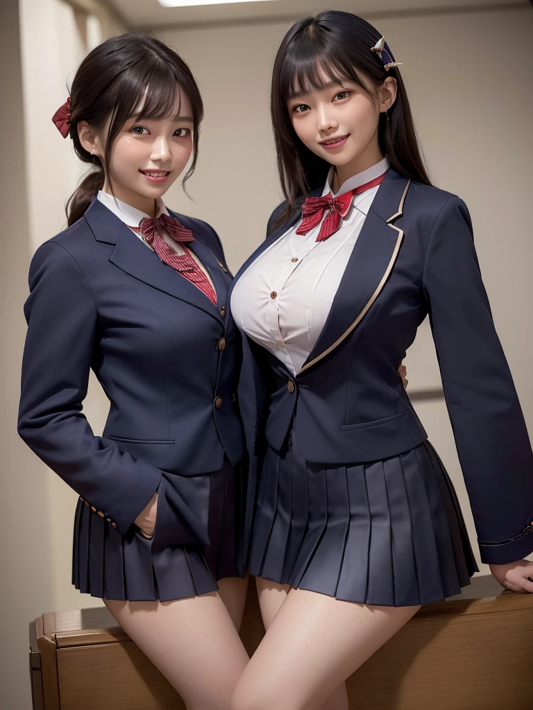 Highest quality、masterpiece、8k、Very detailed、Realistic、(Two Girls)、(Looking at me with a smile:1.5)、whole body、Black Hair、Small face、(Slender:1.2)、(Big Breasts:1.2)、(White business shirt with buttons and a collar:1.2)、(Navy blue short pleated skirt:1.2)、(Navy blue business jacket:1.2)、(Red color bow tie:1.2)、(Everyone dressed the same:1.2)