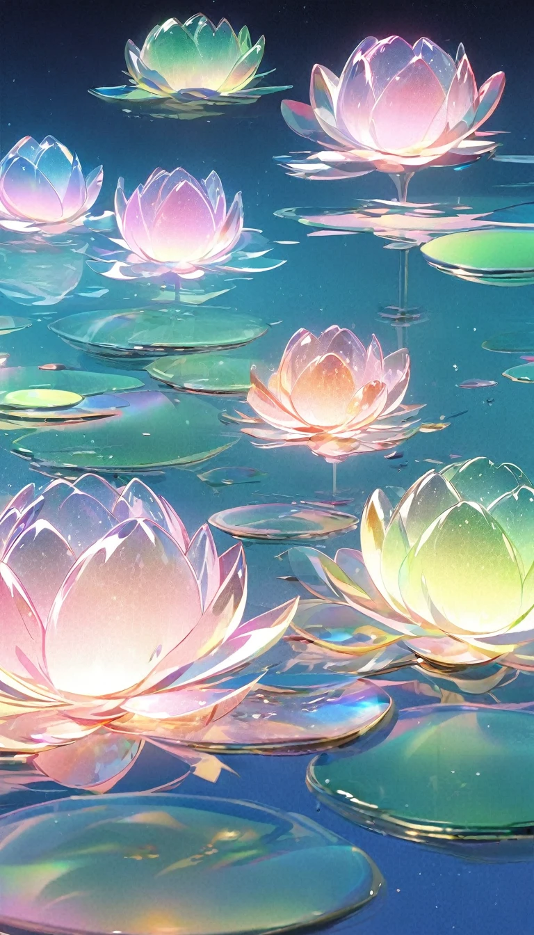 (Beauty),night,moon,lake surface,gold,pink,green,blue, red, glass texture、Light, Gradient translucent glass melt, clean no humans