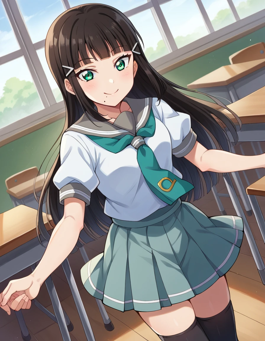 score_9, score_8_superior, score_7_superior, sauce_anime,
Diakrosawa, He is Kurosawa, Long Hair, bangs, Black Hair, hair ornaments, Green Eyes, Side Lock, Hair Clip, blunt bangs, Mole, Mole under mouth, smile,
skirt, , Short sleeve, pleated skirt, Seraphim, socks, neckerchief, Knee-high, black socks, green neckerchief, grey skirt, Uranohoshi ,
indoor, classroom,
View your viewers, Cowboy Shot, Dutch Angle,