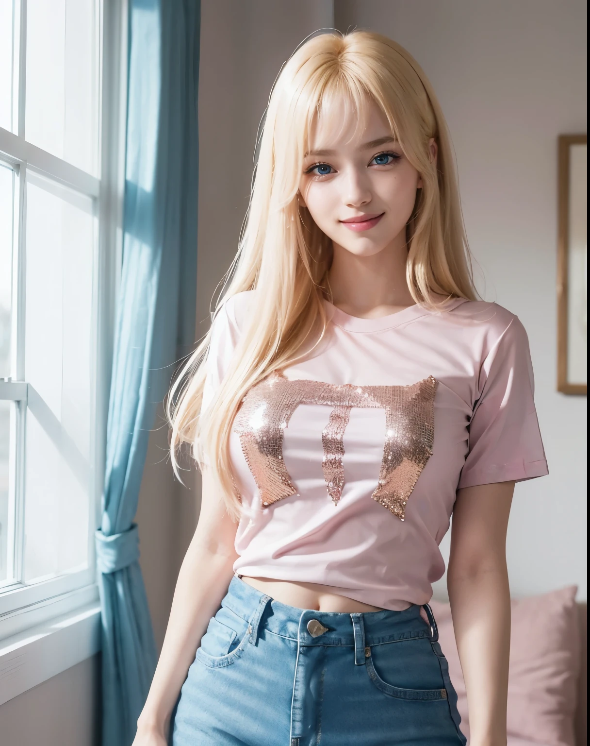 1girl, (Blue Eyes), (smiling :1.3), (Sana Minatozaki), (beautiful makeup :1.2), (Best Quality, 8k, Masterpiece: 1.3), Clear Focus: 1.2, Perfect Body Beauty: 1.4, strong abs, Highly detailed face and skin texture, detailed eyes, double eyelids, (blonde long hair whit bangs :1.2), (pink t-shirt with shiny sequins :1.3), (jeans), (standing), (dynamic pose), in a beautiful living room with a large window and natural light