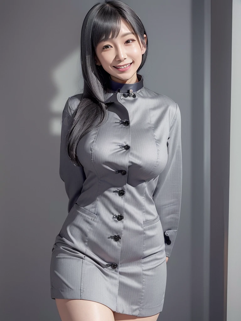 Highest quality、masterpiece、8k、Very detailed、Realistic、(One girl)、(Looking at me with a smile:1.5)、whole body、Black Hair、Small face、(Slender:1.2)、(Big Breasts:1.2)、(White business shirt with buttons and a collar:1.2)、(short tight skirt in gray,:1.2)、(Grey business jacket:1.2)、(Erect nipples:1.2)