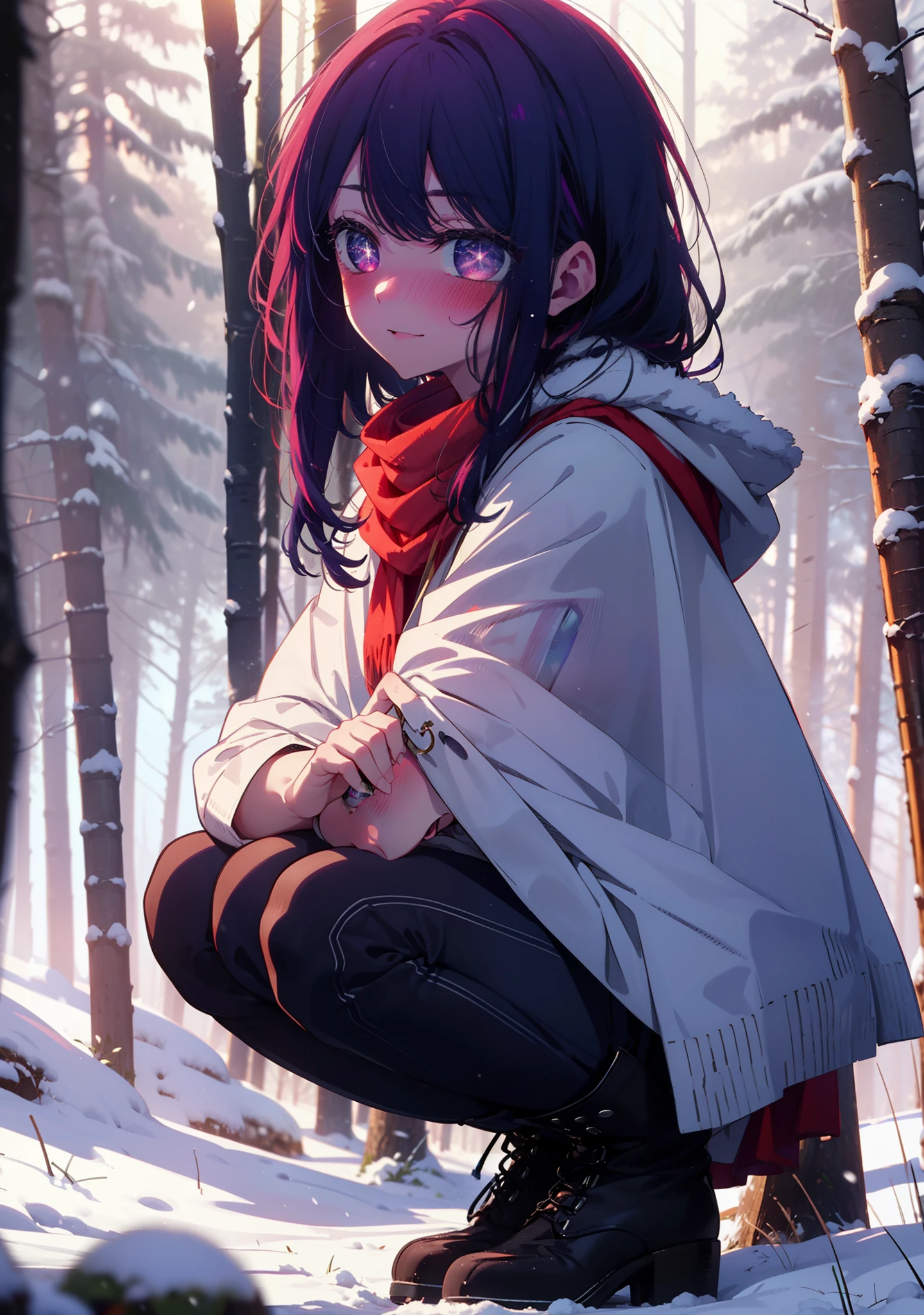aihoshino, Ai Hoshino, Long Hair, bangs, (Purple eyes:1.1), Purple Hair, (Symbol-shaped pupil:1.5), smile,,smile,blush,white breath,
Open your mouth,snow,Ground bonfire, Outdoor, boots, snowing, From the side, wood, suitcase, Cape, Blurred, , forest, White handbag, nature, Squat, Mouth closed, Cape, winter, Written boundary depth, Black shoes, red Cape break looking at viewer, Upper Body, whole body, break Outdoor, forest, nature, break (masterpiece:1.2), Highest quality, High resolution, unity 8k wallpaper, (shape:0.8), (Beautiful and beautiful eyes:1.6), Highly detailed face, Perfect lighting, Highly detailed CG, (Perfect hands, Perfect Anatomy),