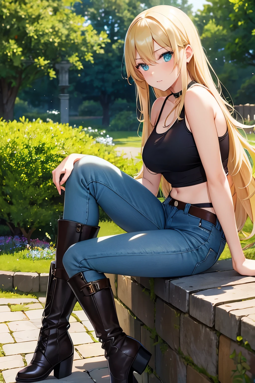1German upper class,tomboy,cute,glamorous,young virgin lady,Blonde intake,long hair,emerald eyes.tsurime,The background is garden,Jeans with bulging sides,tank top,Leather boots,1940s