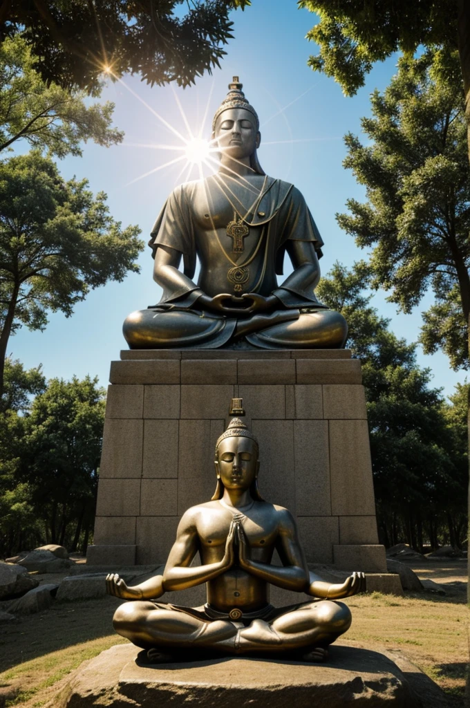 A figure meditating or praying, with symbols of different spiritual beliefs, like a cross, a star of david, a man, etc. You could also include natural elements such as trees or a bright sun..