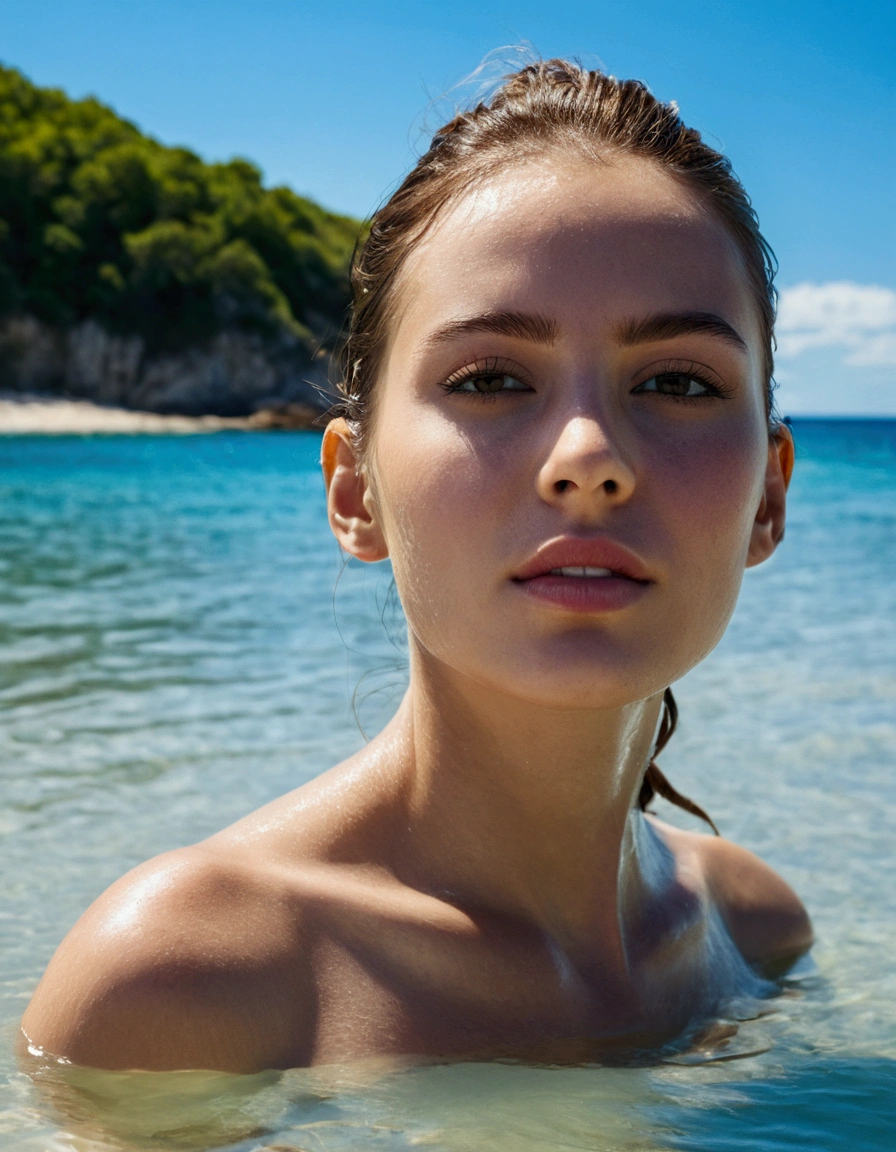 A beautiful woman coming out of the water on a beautiful beach with clear blue sea and the sky with clear clouds