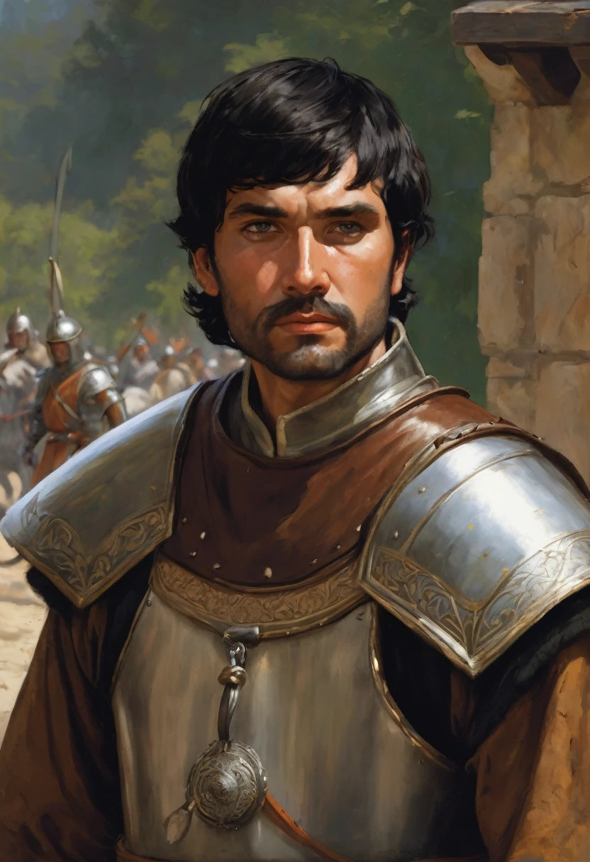 naughty man, offwhite, Medieval warrior, short black hair, eyes browns, face with a well-defined chin.