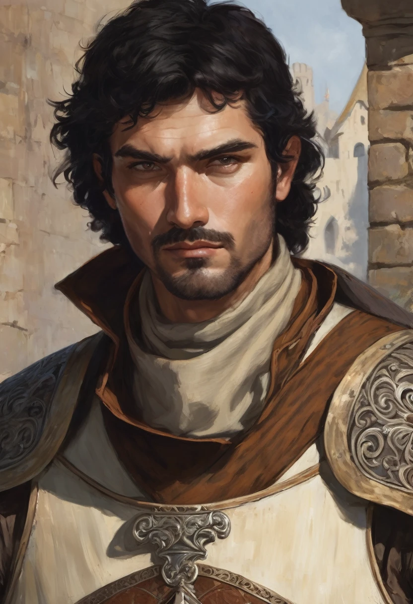 naughty man, offwhite, Medieval warrior, short black hair, eyes browns, face with a well-defined chin.