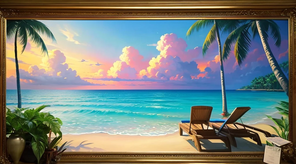 A serene tropical beach scene viewed from a room, photo-realistic painting inspired by the works of Michael Komarcik, discussion piece at an art gallery, magical realism, empty workspace, sky, by Makoto Shinkai, (( Makoto Shinkai )), by Makoto Shinkai, relaxing concept art, Makoto Shinkai
