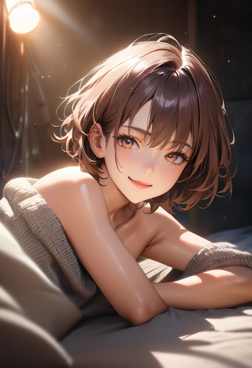 (masterpiece, face focus,: 1.3), (8K, Raw Photography, Top Image Quality: 1.4), gravure, 16yo Japan high School Girl, showing Cleavage of the large Breast:1.2, Super Detail Face, Eye of Detail, Double Eyelid, Bring Your chest Together, Sharp Focus:1.2, Pretty:1.4, dark Brown Hair, Top-Quality, Super A High Resolution, (Photorealistic: 1.4), Highly Detailed and professional lighting smile, loose and light knitwear, strapless, shoulder out, slender body, natural facial expression, short hair, fatal position