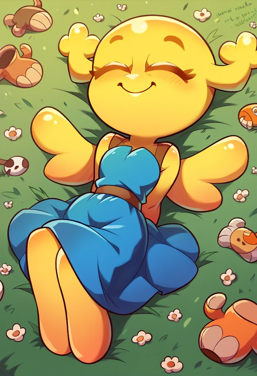 Penny Fitzgerald, penny_unshelled, yellow skin, yellow wings, cute smile, closed eyes, cute blue dress, lying down on grass