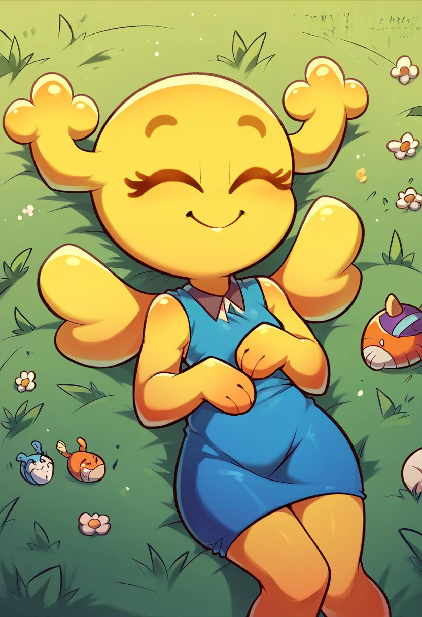Penny Fitzgerald, penny_unshelled, yellow skin, yellow wings, cute smile, closed eyes, cute blue dress, lying down on grass