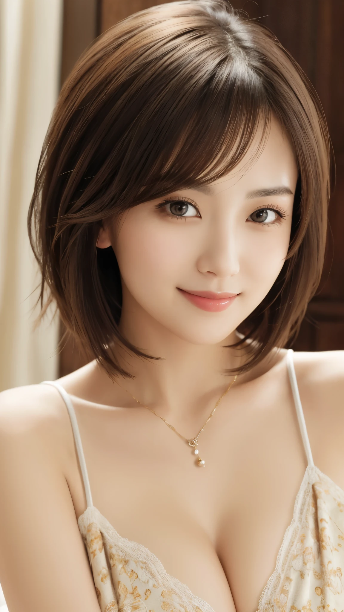 masterpiece、Highest quality、High resolution、Tabletop、wallpaper、Realistic、Bright lighting、Professional Lighting、Face Light、Smooth lighting、Japanese women、Adult、Beautiful woman、action、gravure、sexy、so beautiful、Beautiful Skin、Beautiful and detailed、Detailed face、slim、moderately、short hair、Brunette Hair、Brown eyes、Looking into the camera、smile、Cleavage
