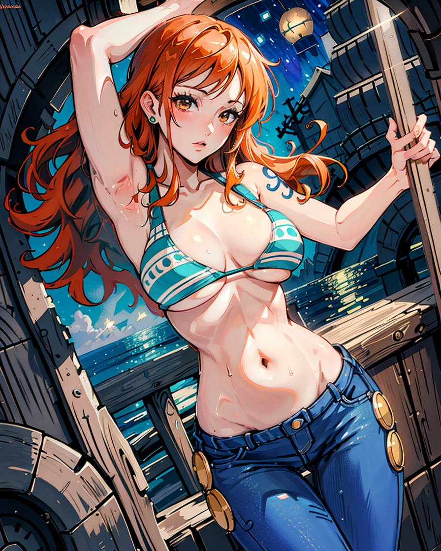 (masterpiece), realistic lights, realistic skin, high detailed art, high definition, defined abdomen, Redhead girl, nami, nami one piece, post time skip nami, sexy girl, tight bikini , ((big breast)), wide waist, lewd, tight jeans, in a ship, pirate ship background, glow illumination, detailed body, female body shape, anime 2.5d, anime realistic style, night set, starry night