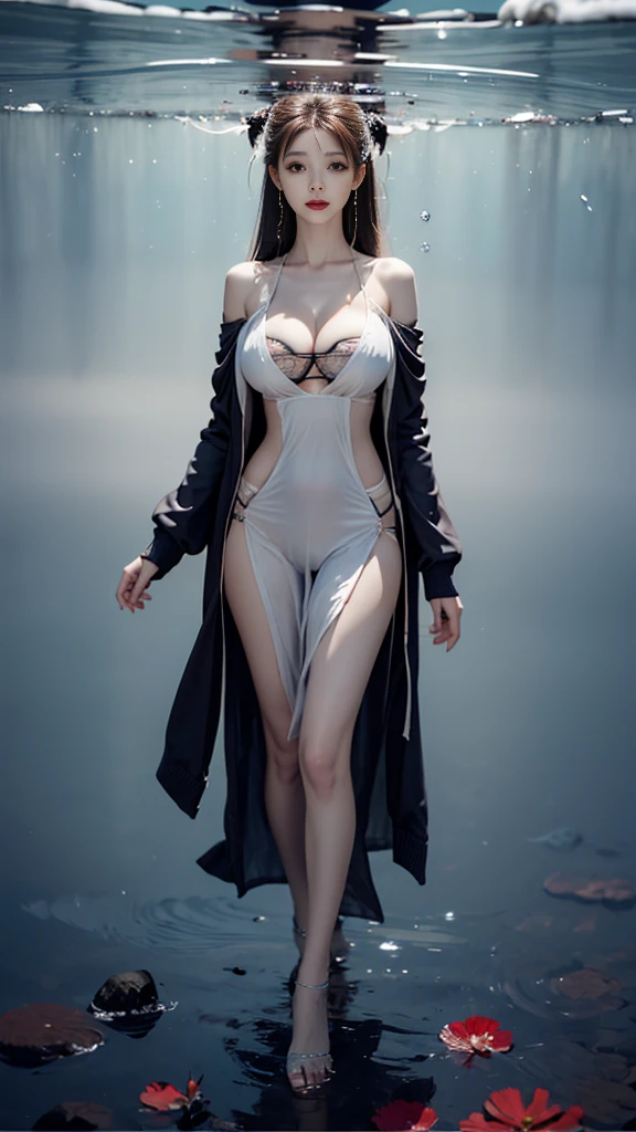 1female,45 yers old,Married woman,legs long, Slim waist, photo exposure, 独奏,(Background with:at a forest,the rainforest,Ground area water,swimmingpool) She has long black hair,Stand deep in the forest,seen from the front, curlies, sky with many clouds,(((tmasterpiece),(Very detailed CG unified 8k wallpaper),Best quality at best,电影灯光,detailed back ground,beautiful pupil,(very delicate beautiful),(Beautiful and detailed eye descriptions),ultra - detailed,tmasterpiece,))Redlip,Snow-white skin,a little bit chubby,pubic hair very large,facing at the camera,A high resolution,ultra - detailed),Revealed,Very huge,, convex,Camel toes,The cleavage protrudes,athlete(dressed in:white swimsuits),