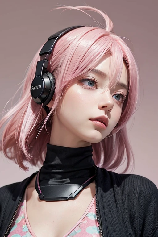 listen to music、headphone、Pink Hair, Pink eyes, Gradient color hairstyle, Bob Hair, Listen attentively、Ahoge, 30-year-old female、Oblique profile、Prone to downward、Look down、Simple Background,