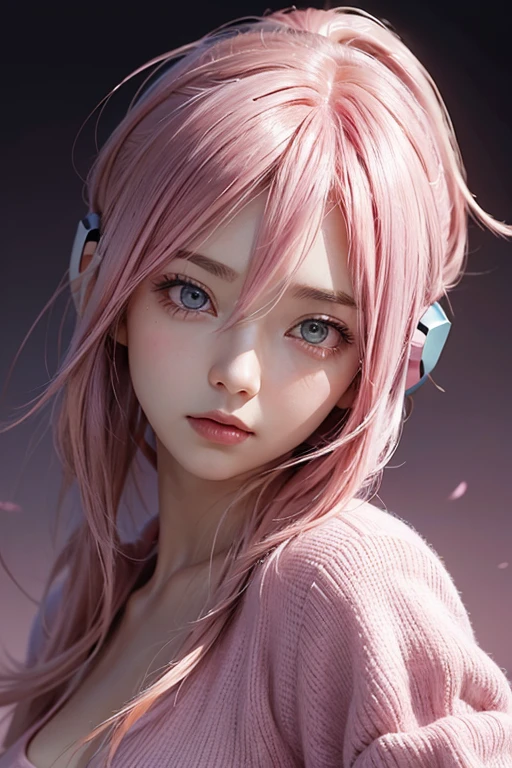 listen to music、headphone、Pink Hair, Pink eyes, Gradient color hairstyle, Bob Hair, Listen attentively、Ahoge, 30-year-old female、Oblique profile、Prone to downward、Look down、Simple Background,