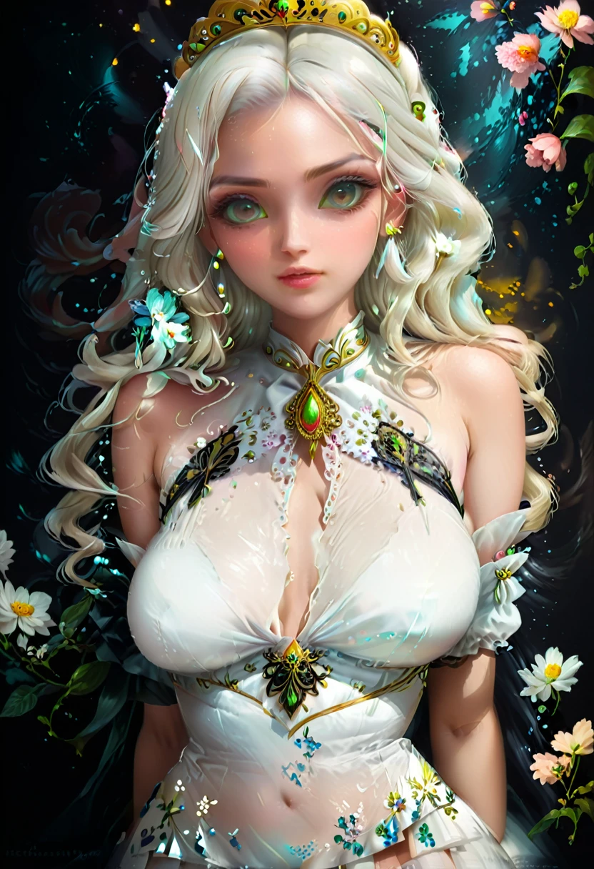 ((Beautiful princess)), A person, long, flowing white hair, (bright and beautiful eyes), trends in the art season, Flower of Hope by Jean-Honor Fragonard, Peter mohrbacher, super verbose, crazy details, splendid, Intricate, elite, art nouveau, ornated, liquid wax, chic, luxurious, Greg Rutkowski, InkStyle, sticker, vector art beautiful character design, double exposure photo, luminous design , winning entry, work of art, amoled black background,