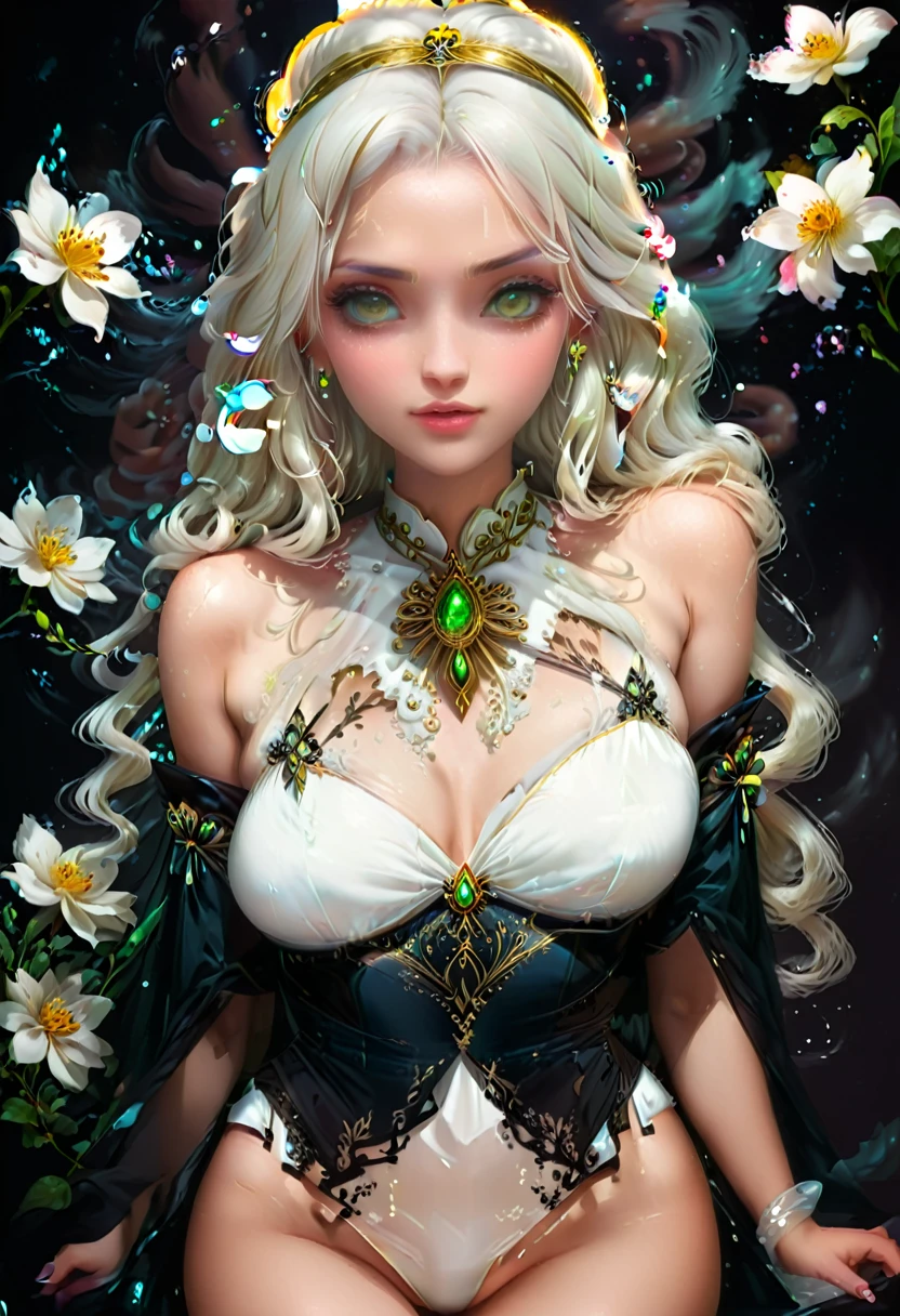 ((Beautiful princess)), A person, long, flowing white hair, (bright and beautiful eyes), trends in the art season, Flower of Hope by Jean-Honor Fragonard, Peter mohrbacher, super verbose, crazy details, splendid, Intricate, elite, art nouveau, ornated, liquid wax, chic, luxurious, Greg Rutkowski, InkStyle, sticker, vector art beautiful character design, double exposure photo, luminous design , winning entry, work of art, amoled black background,