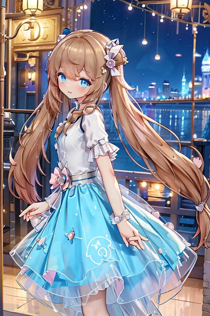 Solo girl, comical, kawaii, Blue eyes, light brown hair, high long twintails, (yellow shirt 1.5), (blue princess dress 1.5), open mouth smile, view from side, looking somewhere, neon and led lights, posing, sexy, high-resolution image, masterpiece, high quality, attractive eyes