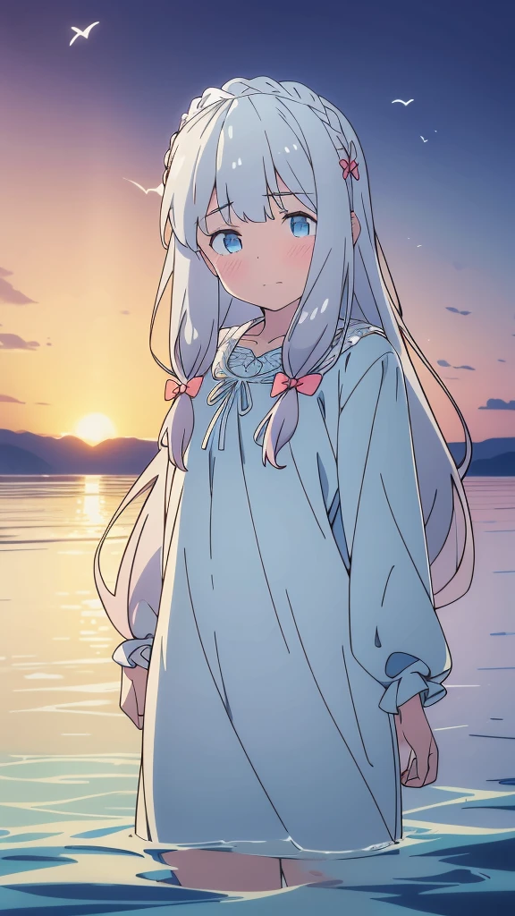 ,((Highest quality))),8k,((masterpiece)),(Very sophisticated and beautiful), A girl emerges from the sea, The Swan Princess of Russian Mythology, Beautiful calm face, blue eyes, Long blonde hair braided, Moon braid at the back of the head, With a kokoshnik crown on his head、White and shiny old Russian clothing, Loving eyes, Half-laugh, There was a gentle look on his face, Background seascape and sunlight, Seagulls in the sky, full length, realism