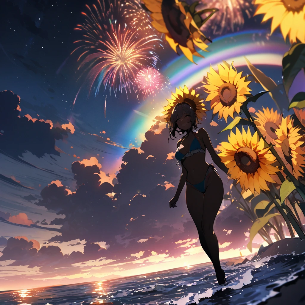Top quality, masterpiece, shadow silhouette of a woman wearing a swimsuit, large rainbow-colored fireworks, rainbow and stars in the night sky, sunflower field, sea, sandy beach, smile
