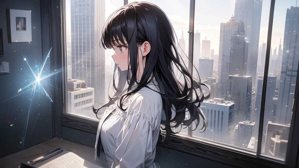 Ultra-high resolution, 8k, (Masterpiece, beautifully、mysterious:1.2), Works by Makoto Xin Haicheng, Lo-fi feel, Perfect human body engineering, 1 female, profile, Impressive eyes, Sparkling Eyes, White ruffled dress, Shiny long black hair, Larger than average bust, Listening to music through headphones, Looking out the window, A room with musical instruments, city view from the window, Impressive cityscape, Bright Sky, meteor, Wide angle, Before dusk