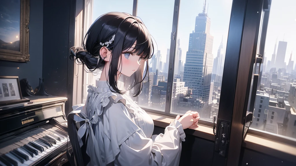 Ultra-high resolution, 8k, (Masterpiece, beautifully、mysterious:1.2), Works by Makoto Xin Haicheng, Lo-fi feel, Perfect human body engineering, 1 female, profile, Impressive eyes, Sparkling Eyes, White ruffled dress, Shiny long black hair, Larger than average bust, Listening to music through headphones, Looking out the window, A room with musical instruments, city view from the window, Impressive cityscape, Bright Sky, meteor, Wide angle, Before dusk