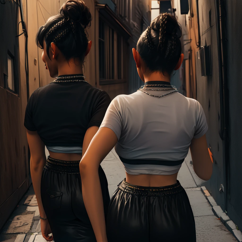 Chitose,black hair,brown eyes,short hair,ponytail,braids,short sleeves,
crop top, showing rear,black pants,necklace,street,night,alley, smile, 
(insanely detailed,masterpiece, best quality)((solo,1girl,alone))