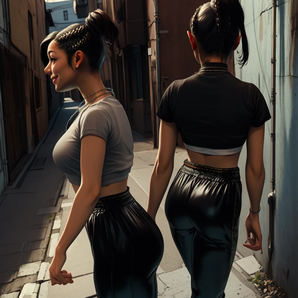 Chitose,black hair,brown eyes,short hair,ponytail,braids,short sleeves,
crop top, showing rear,black pants,necklace,street,night,alley, smile, 
(insanely detailed,masterpiece, best quality)((solo,1girl,alone))