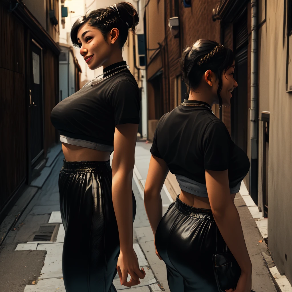 Chitose,black hair,brown eyes,short hair,ponytail,braids,short sleeves,
crop top, showing rear,black pants,necklace,street,night,alley, smile, 
(insanely detailed,masterpiece, best quality)((solo,1girl,alone))